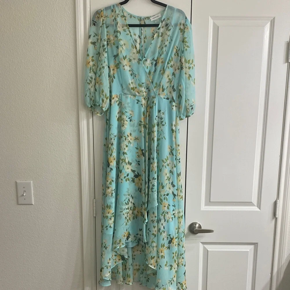 Calvin Klein Aqua Floral High Low Dress - Picture 3 of 5